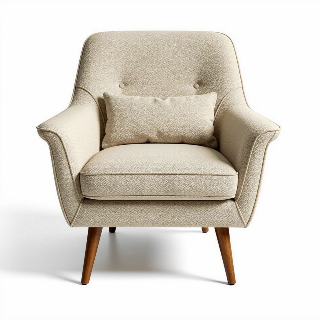 Fauteuil scandinave en tissu beige avec coussin rectangulaire et pieds en bois 80 x 70 x 80cm