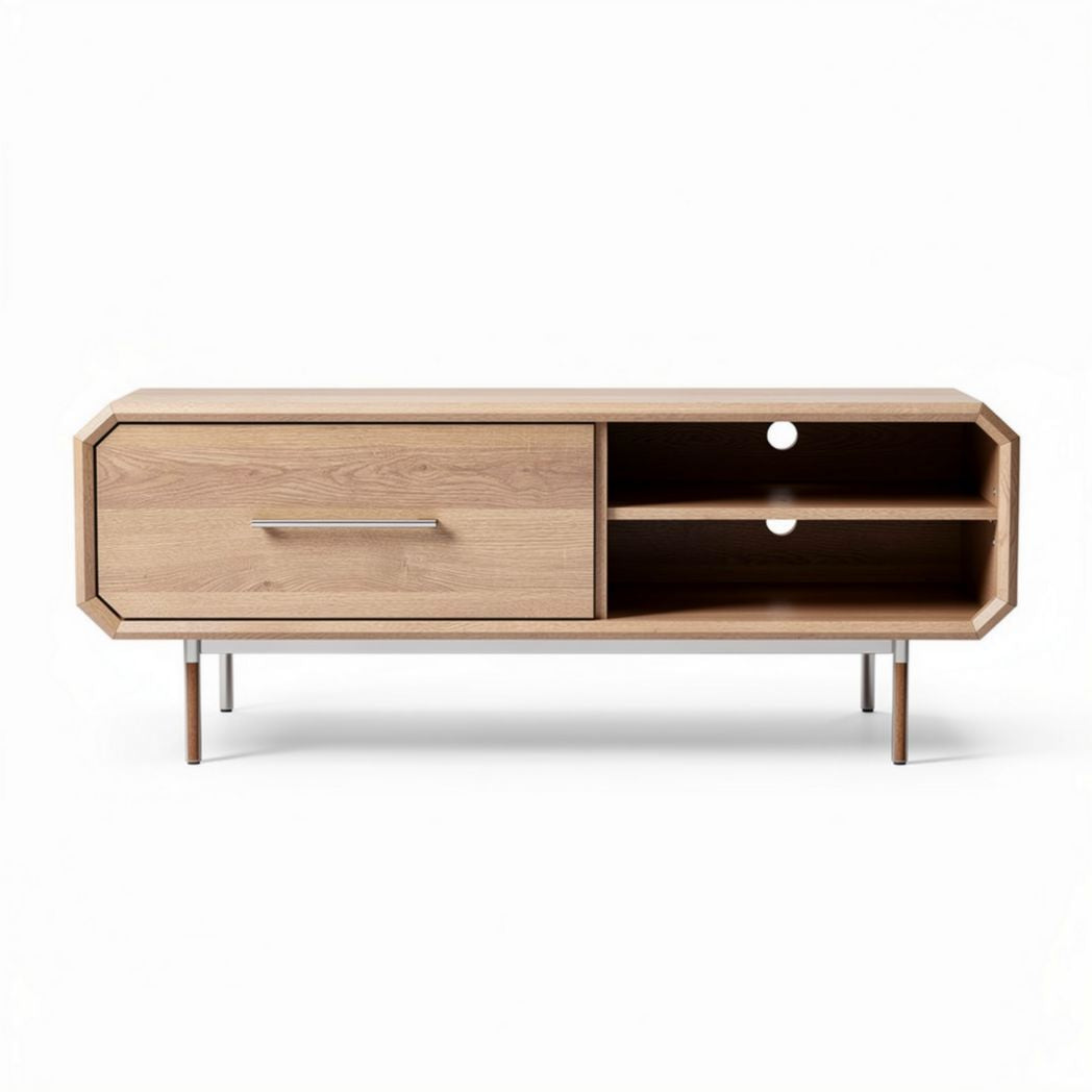 Meuble de télévision en bois naturel 140 x 40 x 50cm avec rangement ouvert