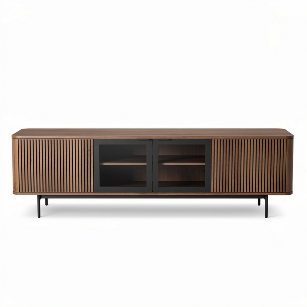 Meuble de rangement en bois sombre avec portes en verre 200 x 50 x 60cm